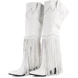 Women's White Studded Faux Fur Knee High Furry Heel Boots Fashion Pointed Toe